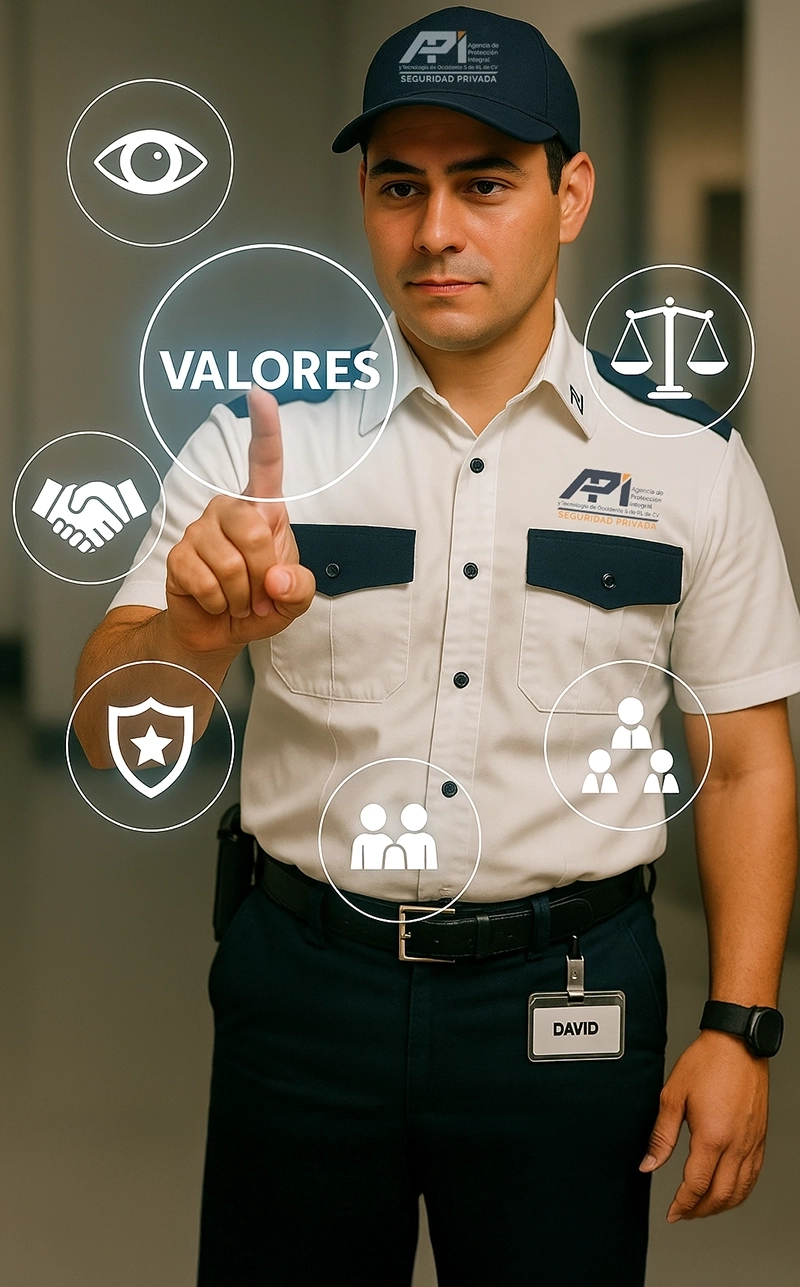 Guardia de seguridad señalando la palabra VALORES