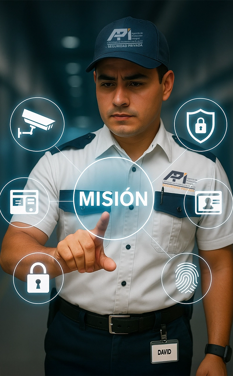 Guardia de seguridad señalando la palabra misión